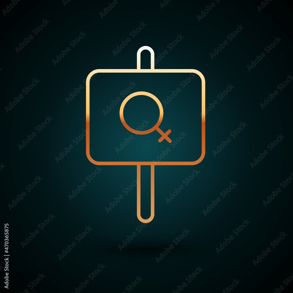 Gold line Female movement, feminist activist with banner and placards icon isolated on dark blue background. Feminist rights movement, feminism sisterhood. Vector Gold line Female movement, feminist activist with banner and placards icon isolated on dark blue background. Feminist rights movement, feminism sisterhood. Vector