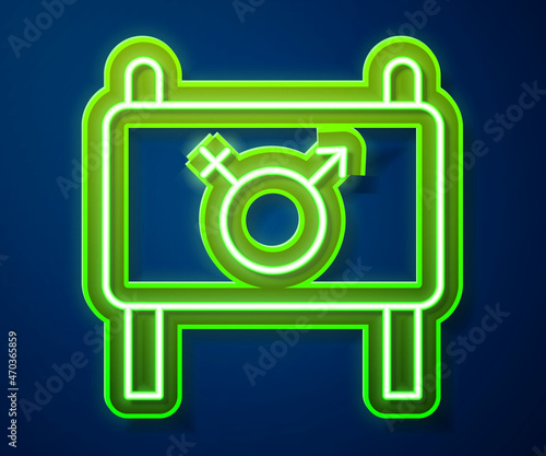 Glowing neon line Female movement, feminist activist with banner and placards icon isolated on blue background. Feminist rights movement, feminism sisterhood. Vector