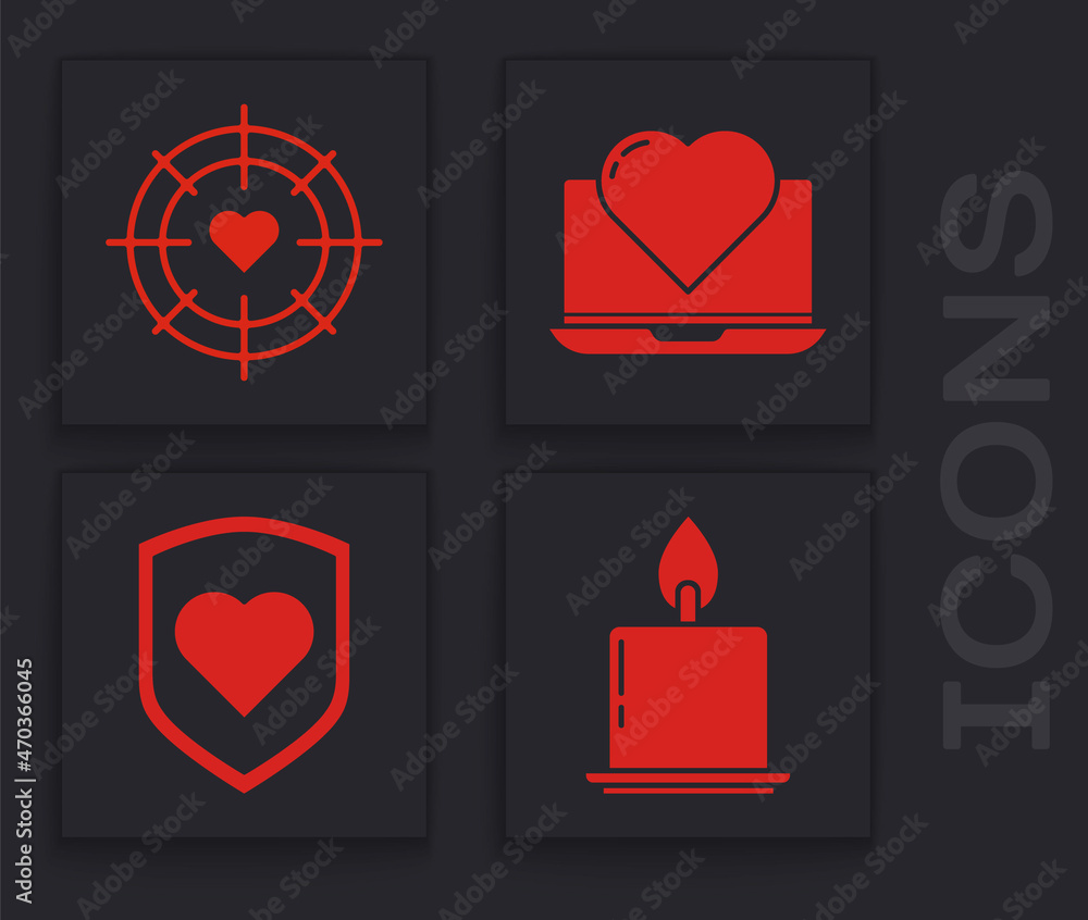 Set Burning candle, Heart in the center of darts target aim, Laptop with heart and Heart with shield icon. Vector Set Burning candle, Heart in the center of darts target aim, Laptop with heart and Heart with shield icon. Vector
