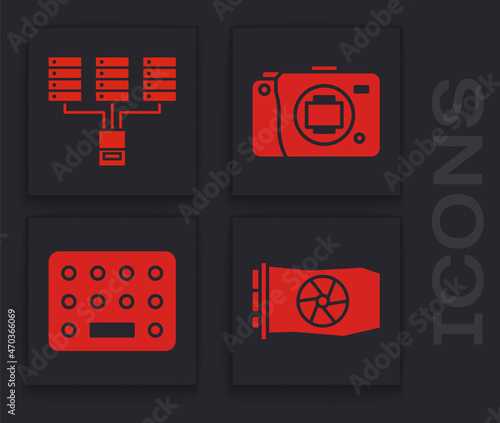 Set Video graphic card, Server, Data, Web Hosting, Mirrorless camera and Pills in blister pack icon. Vector