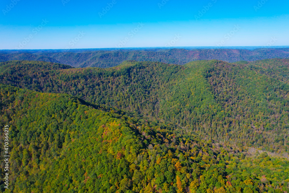 Aerial vibrant autumn appalachian mountains view over West Virginia in North America