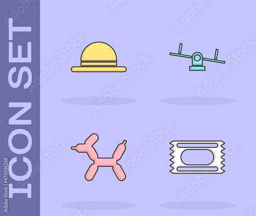 Set Circus ticket, Clown hat, Balloon dog and Seesaw icon. Vector