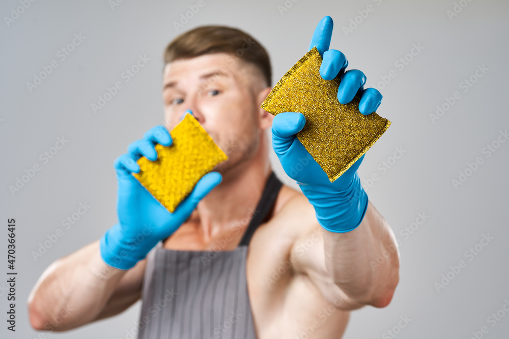 man aprons washing sponges rubber gloves cleaning man aprons washing sponges rubber gloves cleaning