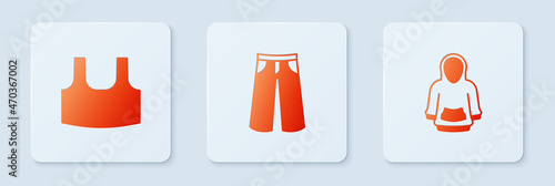 Set Pants, Undershirt and Hoodie. White square button. Vector