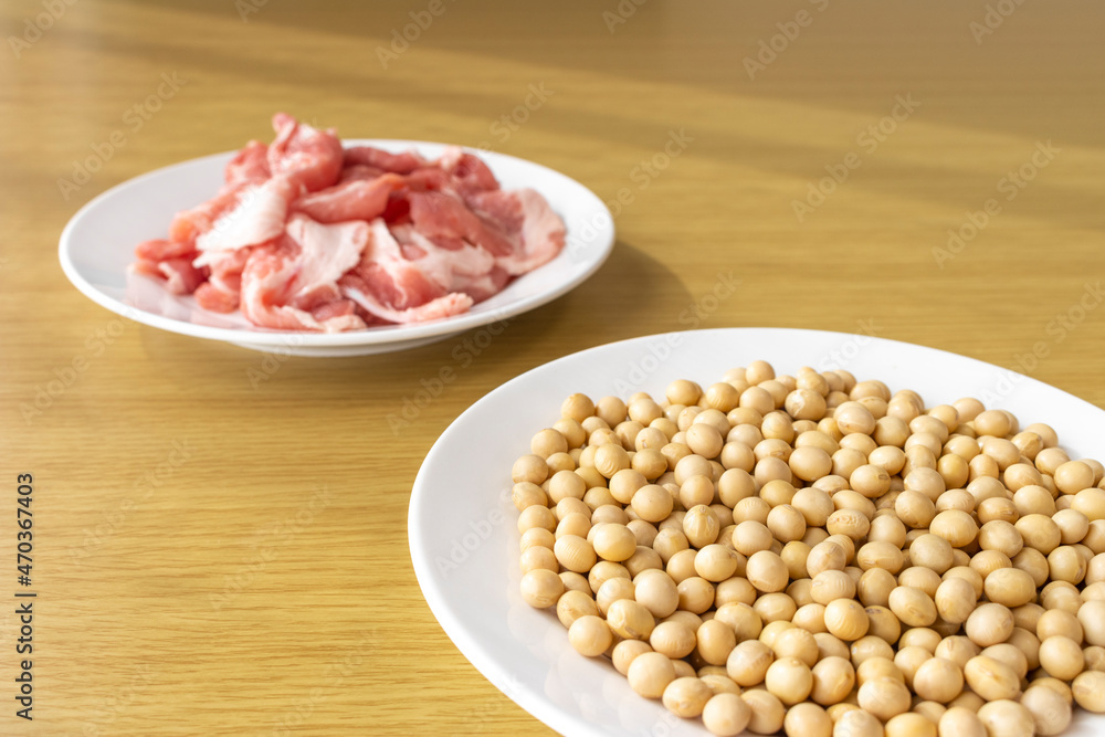 大豆と豚肉。大豆ミートのイメージ 大豆と豚肉。大豆ミートのイメージ