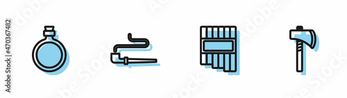 Set line Pan flute, Canteen water bottle, Smoking pipe and Tomahawk axe icon. Vector