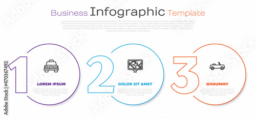 Set line Taxi car, Gps device with map and Car. Business infographic template. Vector