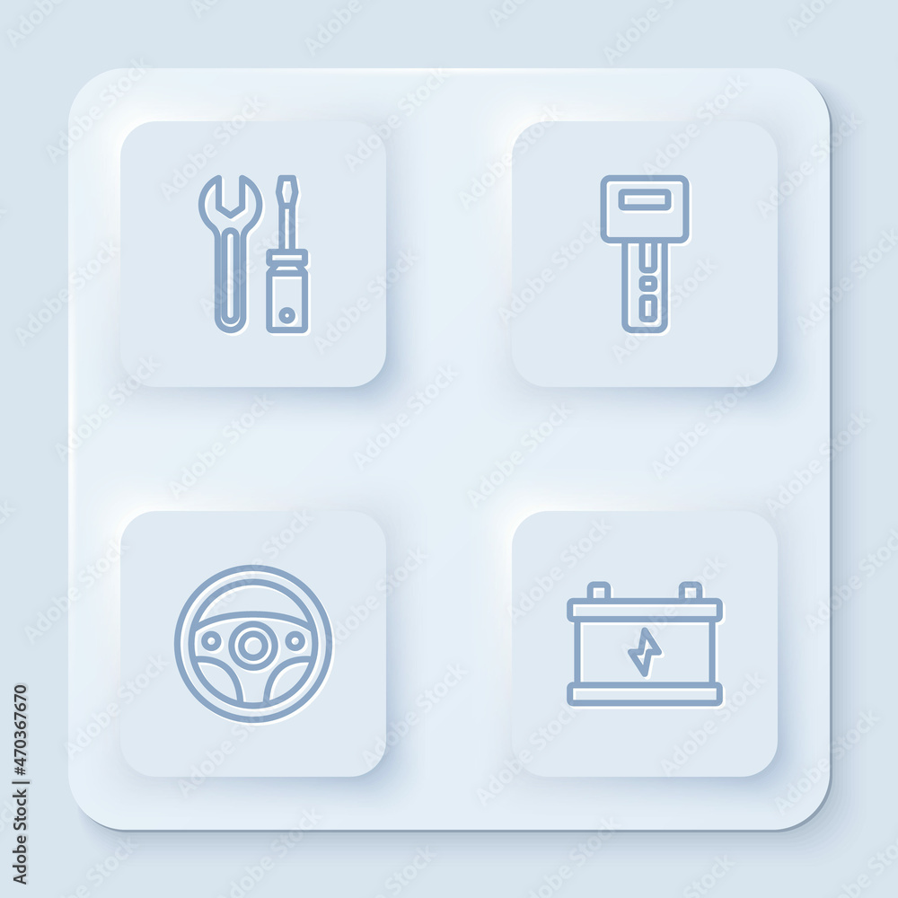 Set line Screwdriver and wrench spanner, Car key with remote, Steering wheel and battery. White square button. Vector Set line Screwdriver and wrench spanner, Car key with remote, Steering wheel and battery. White square button. Vector