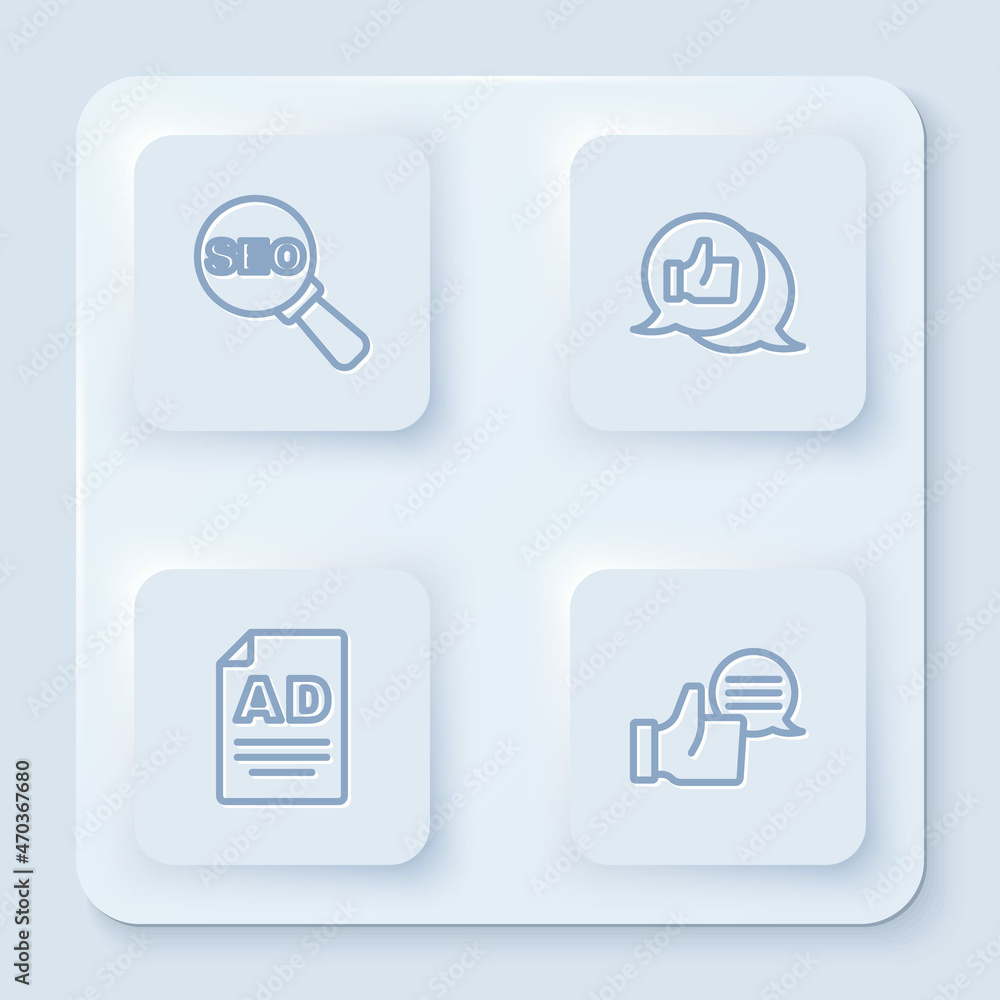 Set line SEO optimization, Customer product rating, Advertising and . White square button. Vector Set line SEO optimization, Customer product rating, Advertising and . White square button. Vector