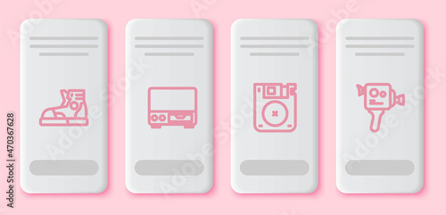 Set line Sport sneakers, Old video cassette player, Floppy disk and Retro cinema camera. White rectangle button. Vector