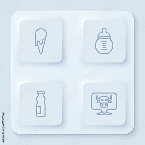 Set line Ice cream in waffle cone, Baby milk bottle, Drinking yogurt and Cow head. White square button. Vector