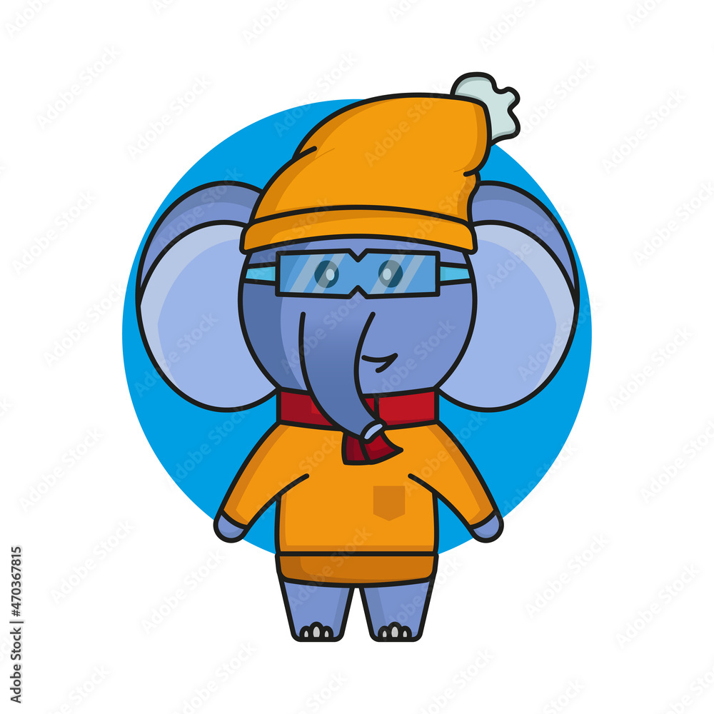 Winter elephant cartoon character. illustration flat style. design template vector