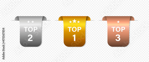 First, Second and Third places ribbons set. Gold, silver and bronse ribbons with stars in realistic style. Vector EPS 10