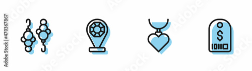 Set line Necklace with heart shaped pendant, Earrings, Jewelry store and Price tag dollar icon. Vector