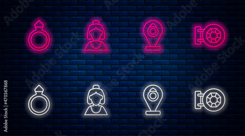 Set line Consultant of jewelry store, Jewelry, Diamond engagement ring and . Glowing neon icon on brick wall. Vector