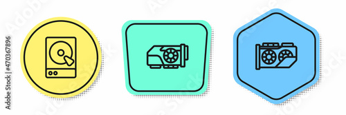 Set line Hard disk drive HDD, Video graphic card and . Colored shapes. Vector