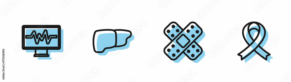 Set line Crossed bandage plaster, Monitor with cardiogram, Human organ liver and Awareness ribbon icon. Vector Set line Crossed bandage plaster, Monitor with cardiogram, Human organ liver and Awareness ribbon icon. Vector