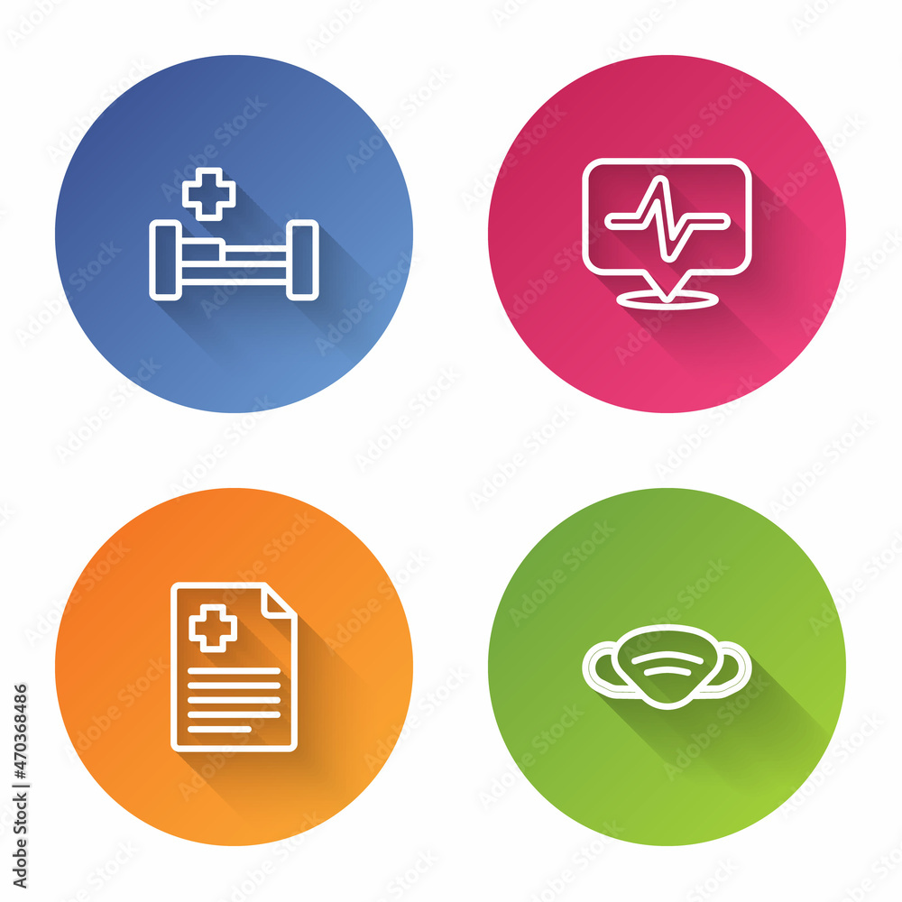 Set line Hospital bed, Heart rate, Patient record and Medical protective mask. Color circle button. Vector Set line Hospital bed, Heart rate, Patient record and Medical protective mask. Color circle button. Vector