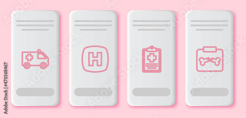 Set line Ambulance car, Hospital signboard, Patient record and X-ray shots with broken bone. White rectangle button. Vector