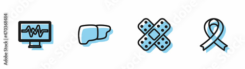 Set line Crossed bandage plaster, Monitor with cardiogram, Human organ liver and Awareness ribbon icon. Vector