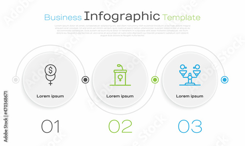 Set line Feminism finance, Debate podium rostrum and Gender equality. Business infographic template. Vector