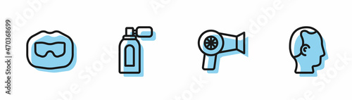 Set line Hair dryer, Mustache and beard, Aftershave with atomizer and Baldness icon. Vector