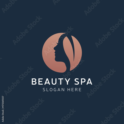This beautiful woman face logo design template. Hair, girl, leaf symbol. Abstract design concept for beauty salon, massage, magazine, cosmetic and spa. Premium vector icons.