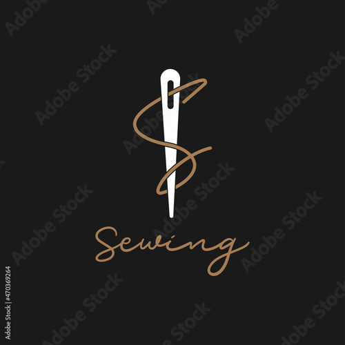Abstract Initial Letter S Tailor logo, thread and needle combination with gold colour line style , Flat Logo Design Template, vector illustration