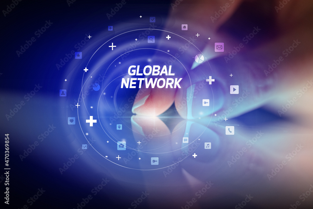Finger touching tablet with social media icons concept Finger touching tablet with social media icons concept