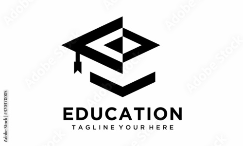 Initial Letter e Graduation Hat Education Study Academy College Logo Design vector template.on a white background.