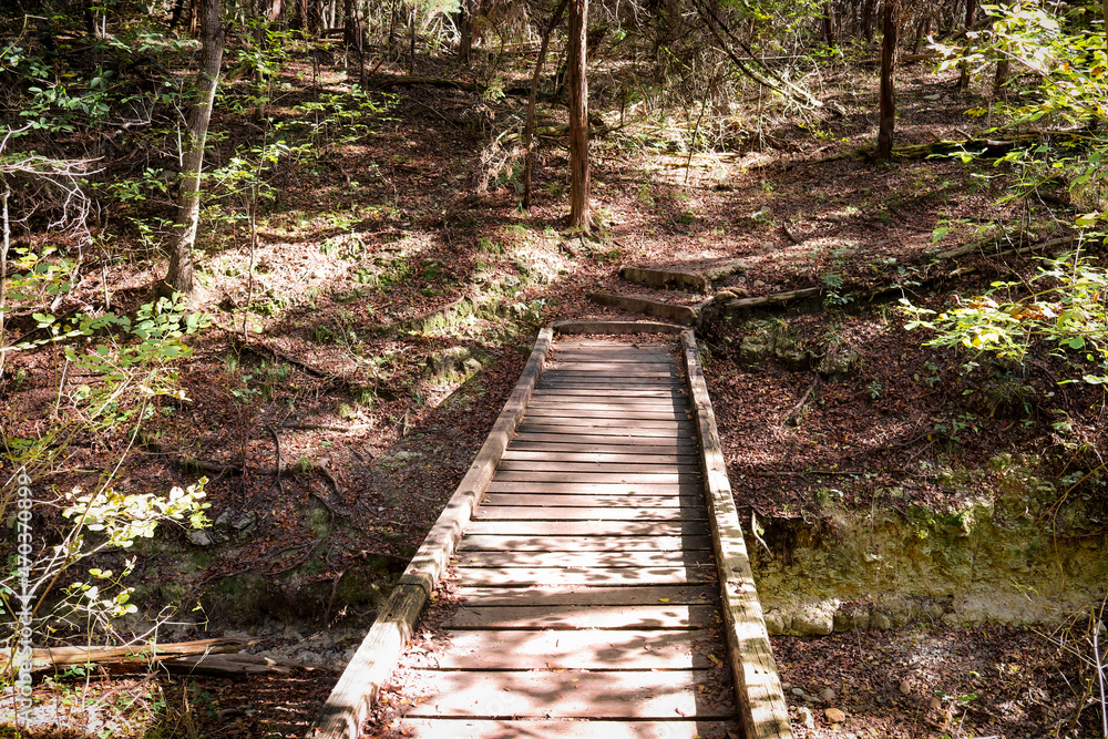 Obraz premium A morning walk along a nature trail and wooden footbridge that crosses over a small stream on a Autumn day. People like to hike these trails at Mother Neff State Park Texas