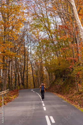 A young woman walking along a road surrounded by trees in autumn, Monte de Erlaitz in the town of Irun, Gipuzkoa. Basque Country