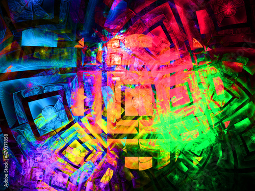 Composición de arte digital fractal consistente en rayas perpendiculares y paralelas rellenas de colores vivos formando una estructura de cuadrados coloridos deformados. © Pedroml