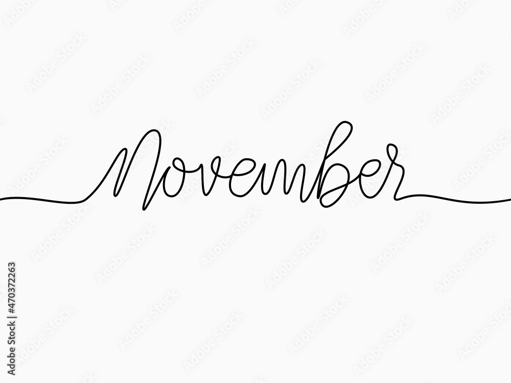 simple black November text calligraphic lettering continuous lines element for month theme like header, background, banner, cover, card, label, wallpaper, wrapping paper etc. vector design.