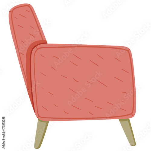 Side view of simple vintage cartoon red armchair in classic minimalistic scandinavian design