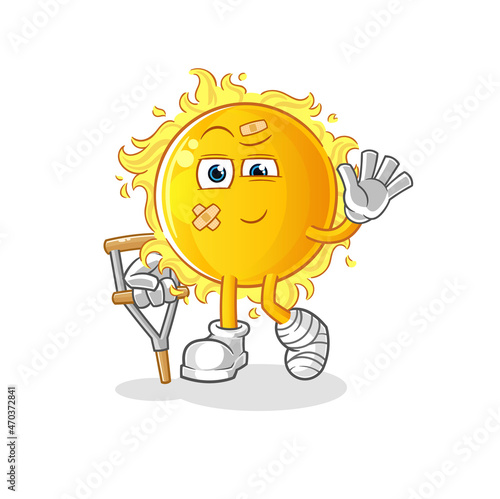 sun sick with limping stick. cartoon mascot vector