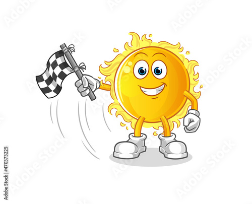 sun hold finish flag. cartoon mascot vector