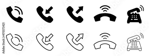 Phone call icon set, Telephone call sign, Contact us. Ringing phone simple icon set. Smartphone ringing. Phone sign. Vector illustration
