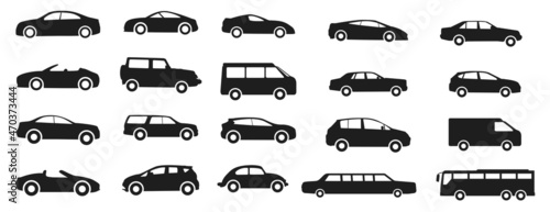 Car icon. Auto vehicle isolated. Transport icons. Automobile silhouette front view. Sedan car, vehicle. Car body types. Different vehicles. Vector illustration