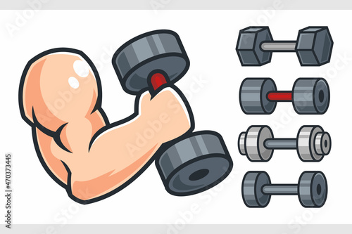 Muscular Strong Hand Holding Dumbbell and Dumbbell Set