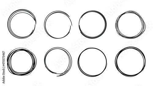 Hand drawn circle line sketch set isolated on transparent background. Art design round circular scribble doodle. Abstract graphic element for message note mark. stock vector.