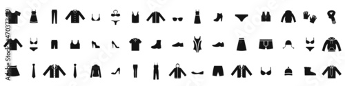 Clothes icon set. Woman and man clothes and accessories collection  fashion wardrobe  dress isolated silhouettes of men s and women s clothing. Stock vector. 