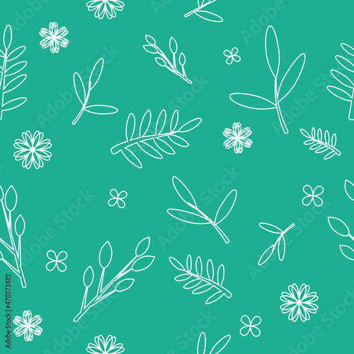 white minimal flower and leaf seamless in green background for fabric pattern