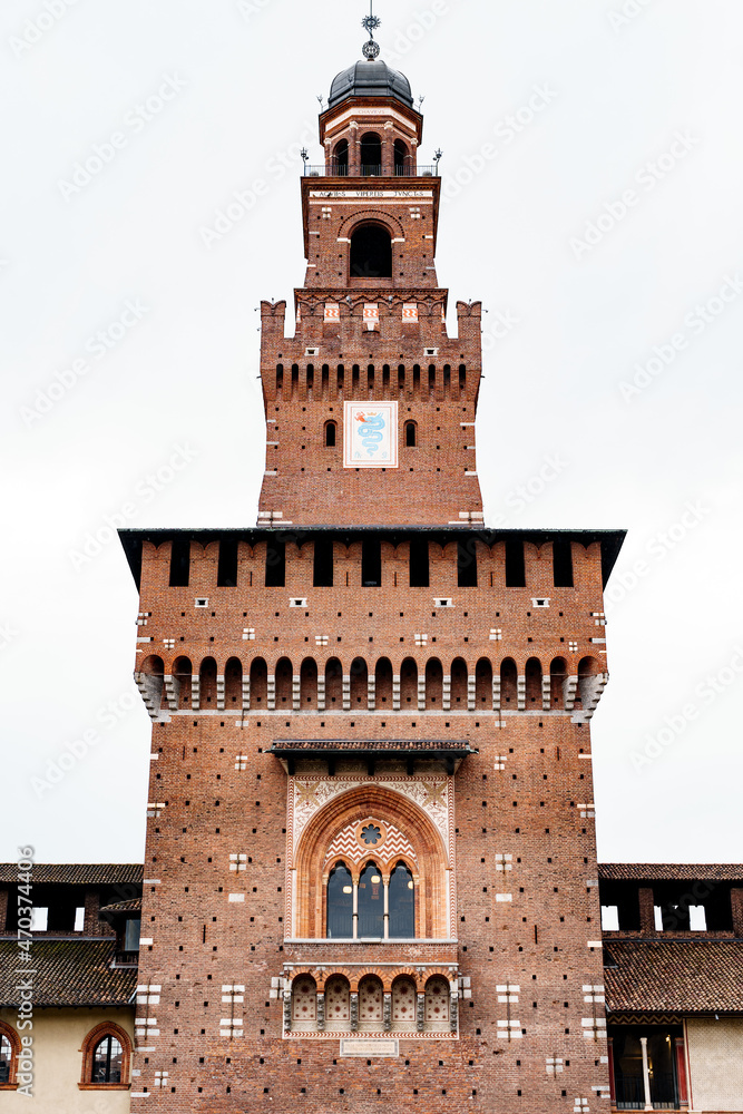 Brick tower of Castello Sforzesco. Milan, Italy