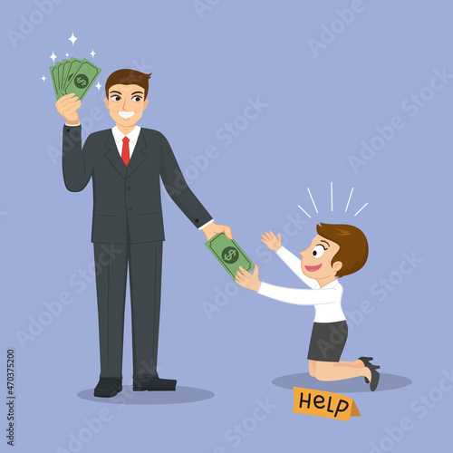 Businessman giving some money to a poor businesswoman, Illustration vector cartoon