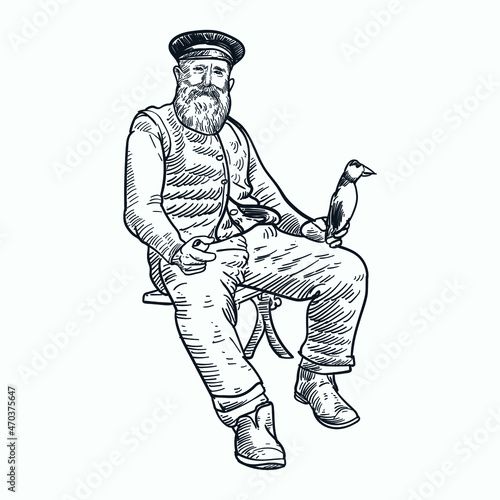 Vintage hand drawn sketch old fisherman