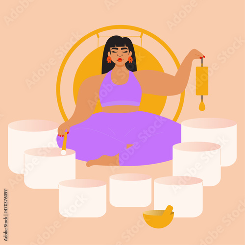 Illustration of woman leading a sound bath with singing bowls
