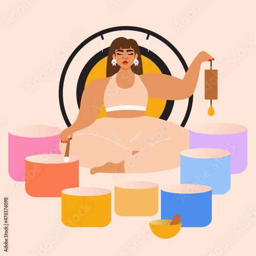 Illustration of woman leading a sound bath with singing bowls photo