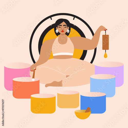 Illustration of woman leading a sound bath with singing bowls