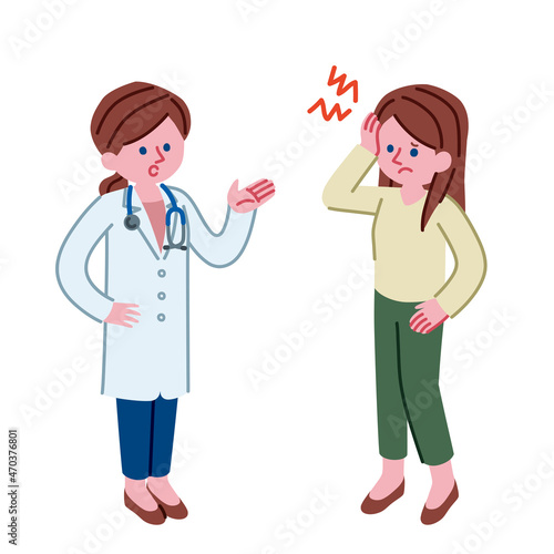 頭痛持ちの女性と医者のイラスト